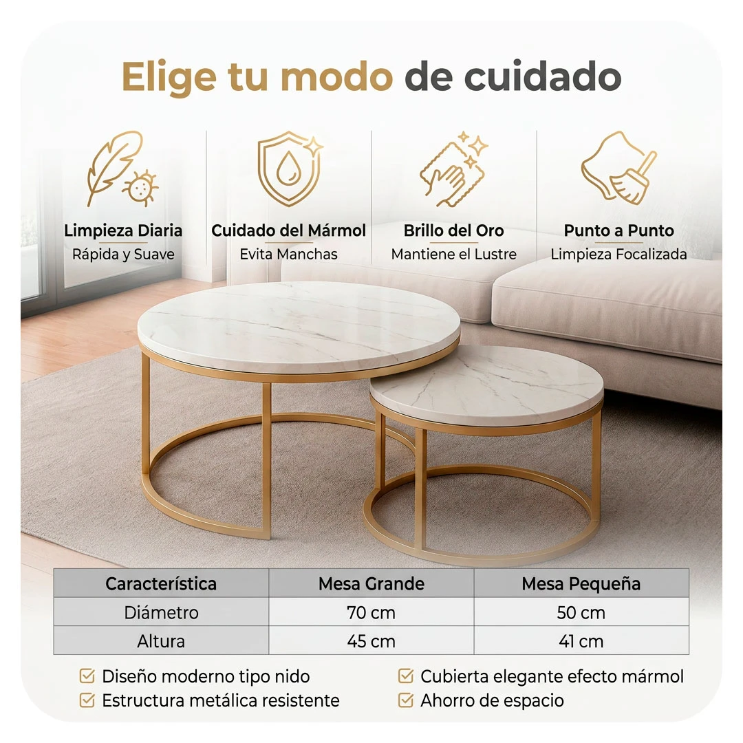 Mesa de centro redonda apilable con superficie mármol blanco y estructura metálica dorada, en salón con sofá beige; incluye dos tamaños: 70 cm y 50 cm de diámetro.