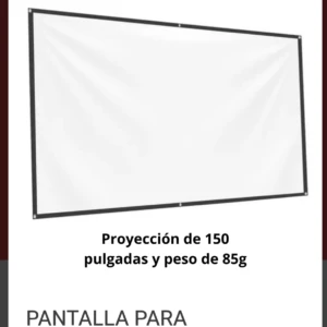 Pantalla de proyección rectangular de 150 pulgadas, marco negro y tela blanca, vista frontal con ángulo ligero.