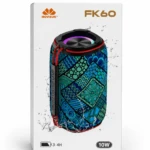 Parlante Bluetooth Movisun FK60 en caja blanca, con diseño de patrón geométrico en tonos azules y verdes, detalles rojos y luces LED multicolor en la parte superior.