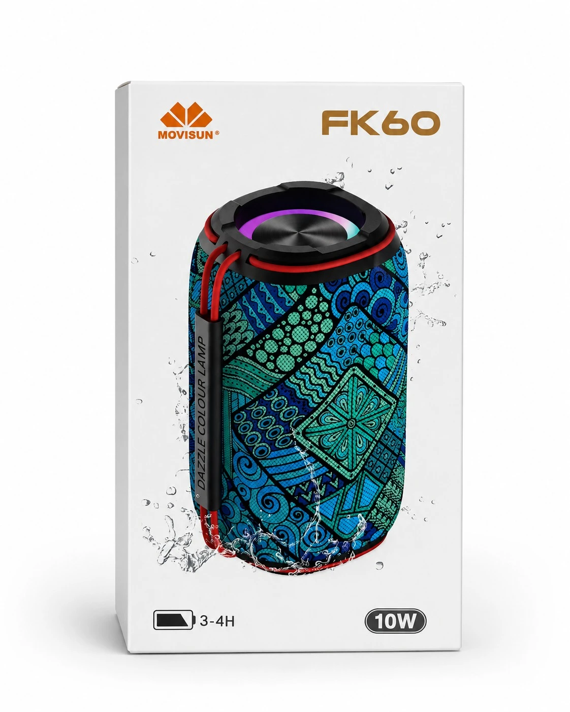Parlante Bluetooth Movisun FK60 en caja blanca, con diseño de patrón geométrico en tonos azules y verdes, detalles rojos y luces LED multicolor en la parte superior.