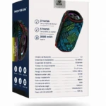 Parlante Bluetooth Movisun FK60 en caja blanca con diseño multicolor, mostrando especificaciones técnicas y detalles del producto.