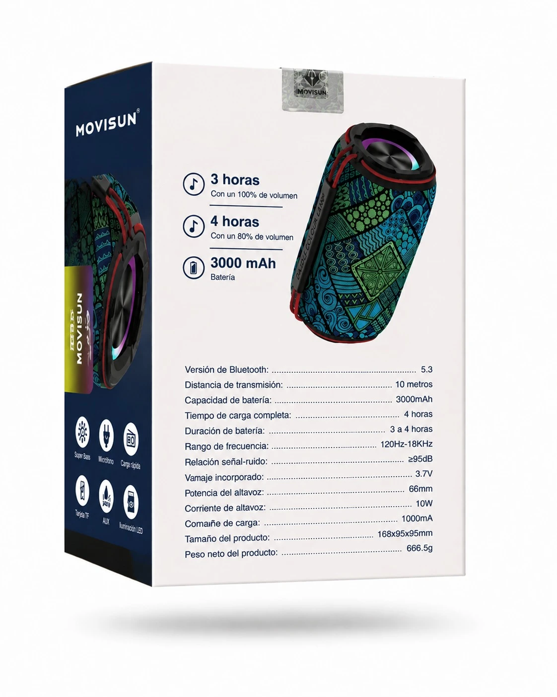 Parlante Bluetooth Movisun FK60 en caja blanca con diseño multicolor, mostrando especificaciones técnicas y detalles del producto.