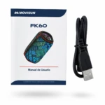 Manual de usuario Movisun FK60 con cable USB negro, mostrando parlante Bluetooth con diseño multicolor y patrón geométrico.