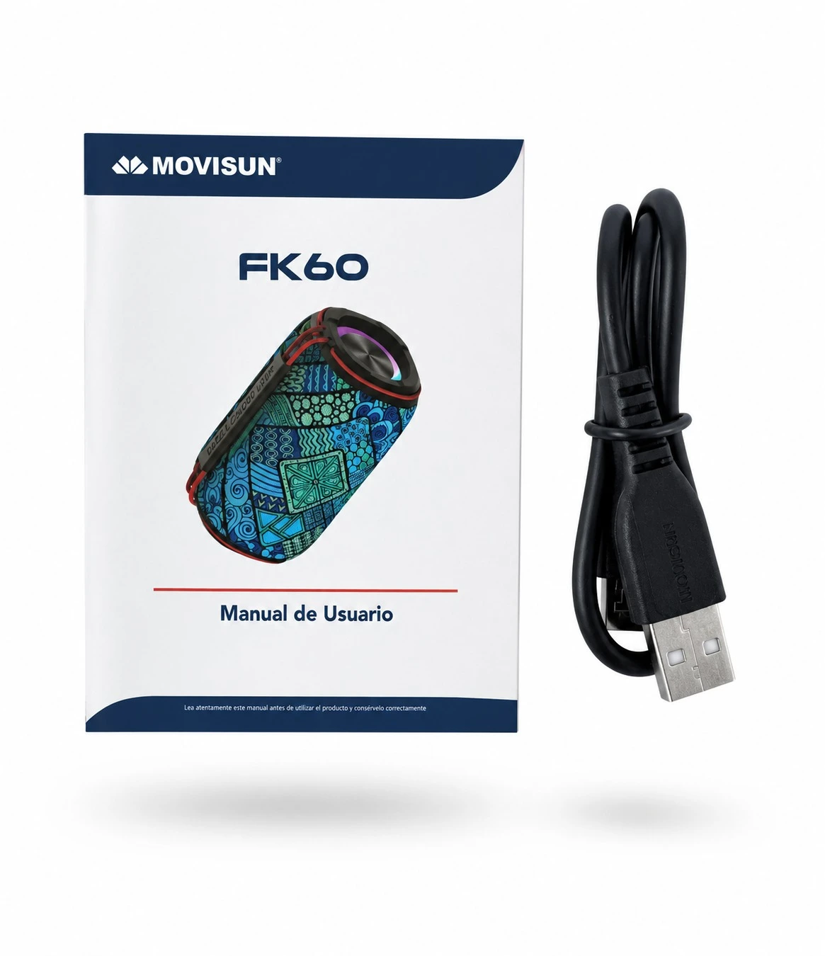 Manual de usuario Movisun FK60 con cable USB negro, mostrando parlante Bluetooth con diseño multicolor y patrón geométrico.