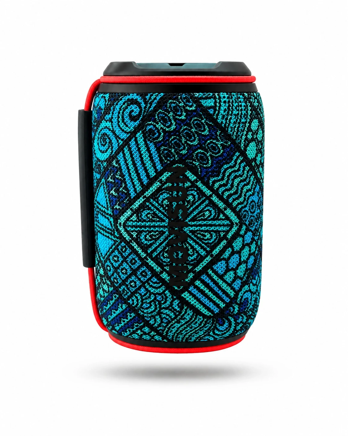 Parlante Bluetooth Movisun FK60 con diseño geométrico en tonos turquesa y negro, detalles rojos en bordes y asa lateral.