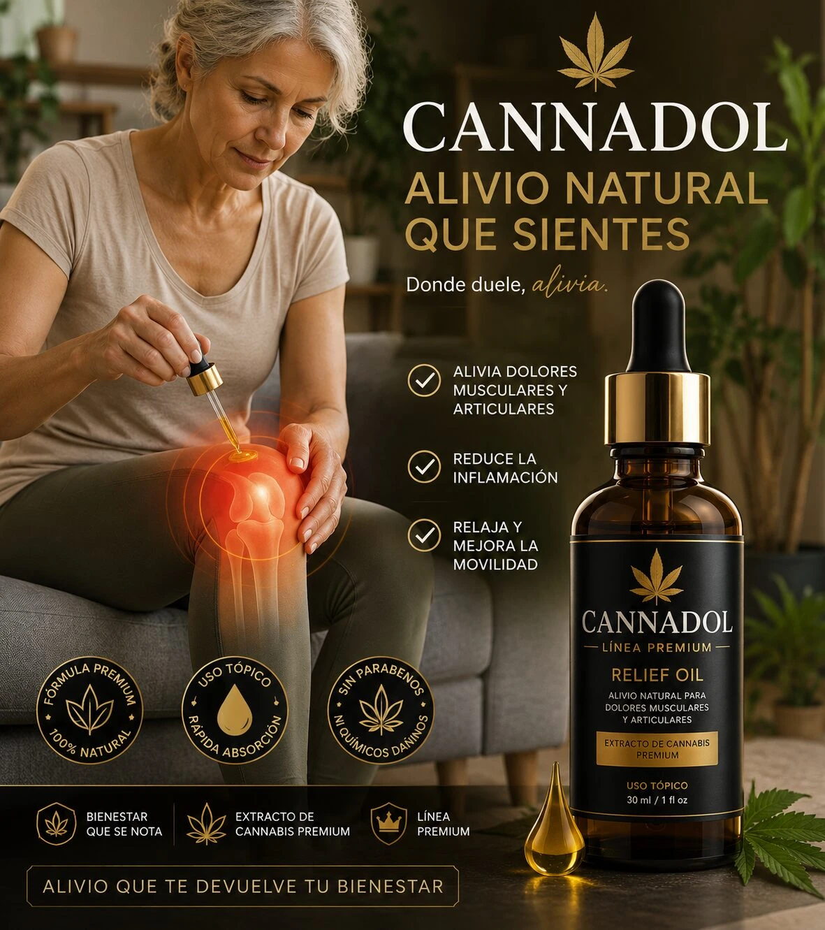Botella de aceite tópico Cannadol Premium con gotero dorado, etiqueta negra y dorada, junto a mujer mayor aplicándolo en rodilla con efecto visual de alivio. Incluye gota de aceite y hojas de cannabis.