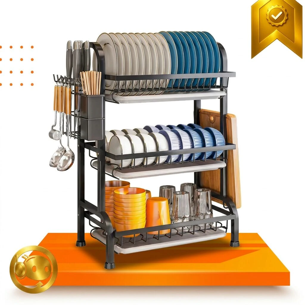 Escurridor vertical de acero inoxidable con tres niveles, organizador de vajilla con platos, vasos, cubiertos y tabla de madera.