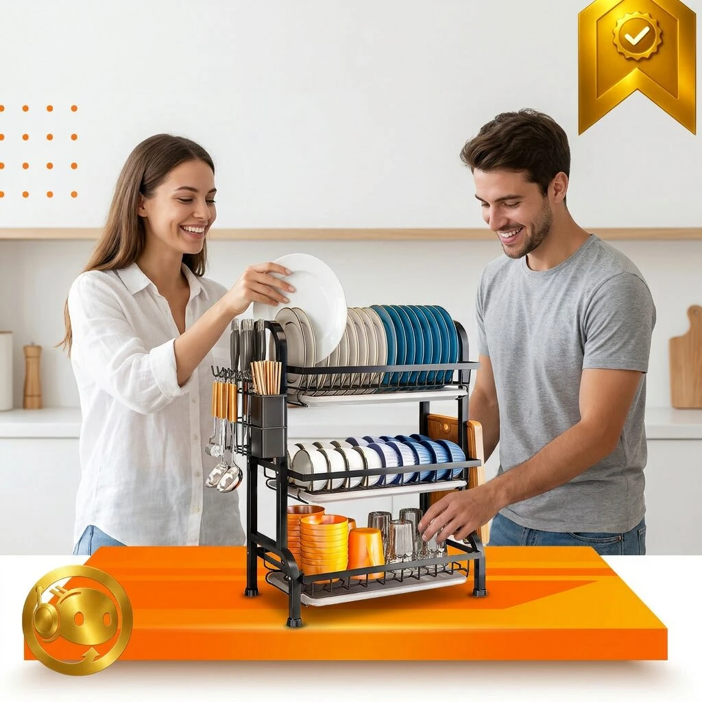 Escurridor vertical de acero inoxidable con tres niveles, mostrando platos, vasos y cubiertos organizados en una cocina moderna.