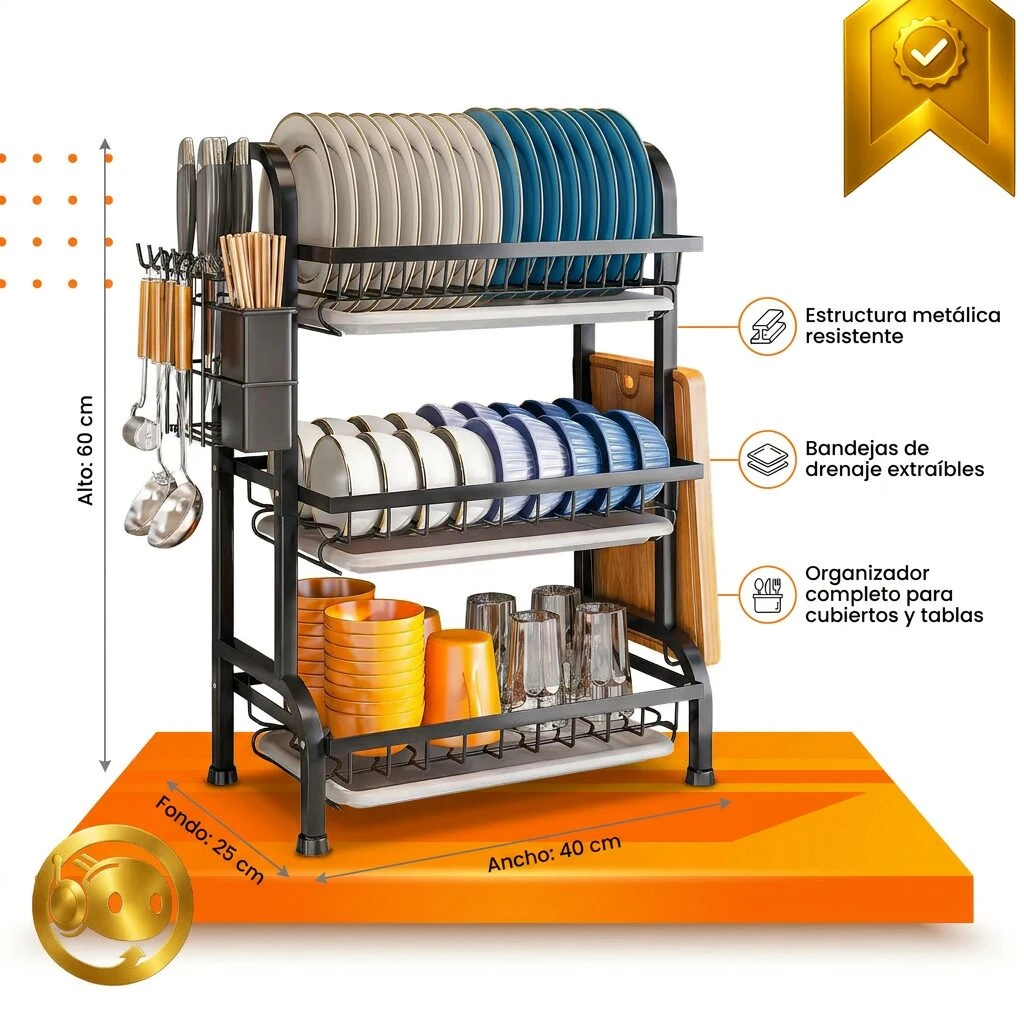 Escurridor vertical de acero inoxidable con tres niveles, bandejas extraíbles y organizador para cubiertos; mide 60 cm de alto, 40 cm de ancho y 25 cm de fondo.
