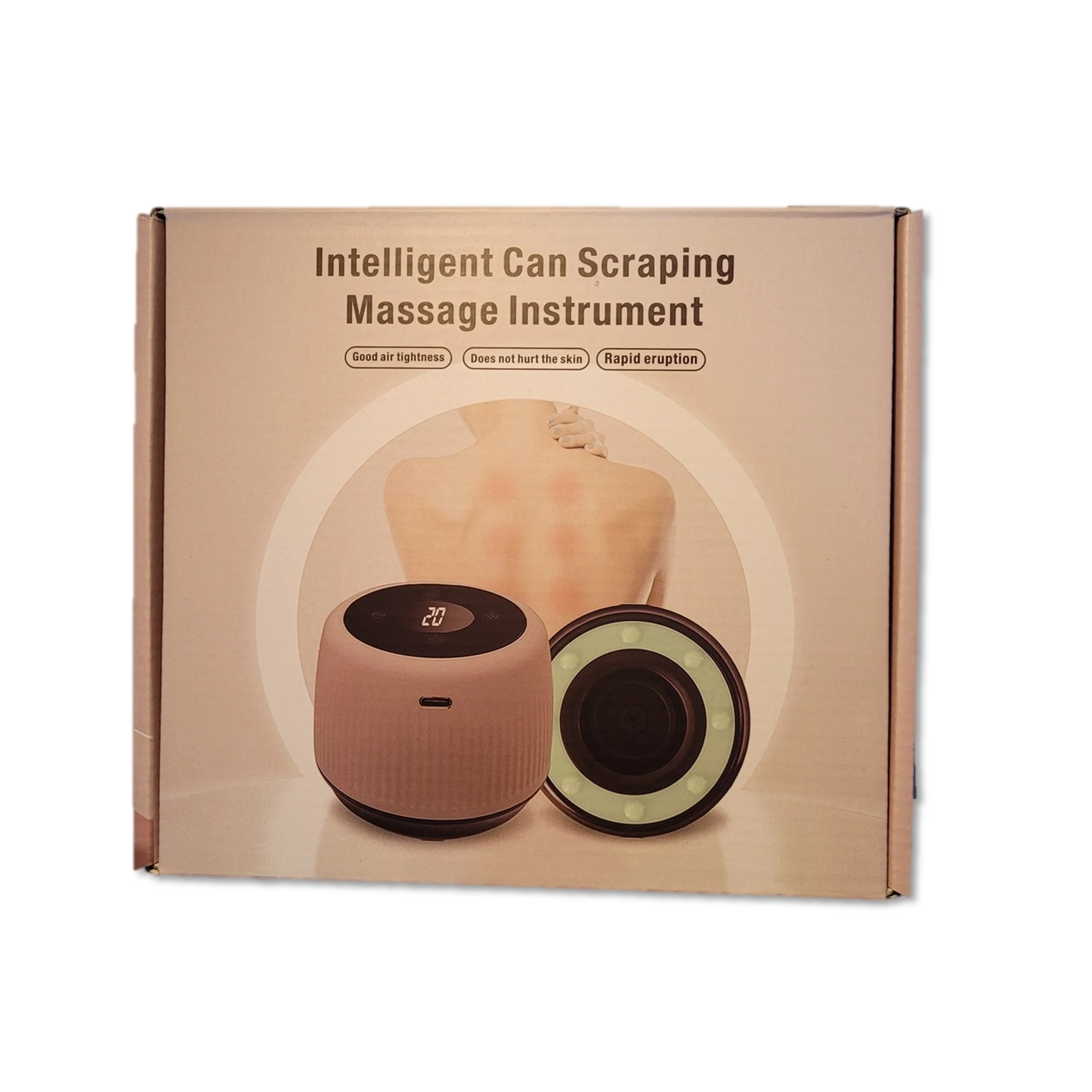 Caja del masajeador corporal con calor infrarrojo y luz roja, mostrando dispositivo en color rosa con pantalla digital y tapa removible con anillo de luz LED.