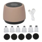 Masajeador corporal con calor infrarrojo y luz roja, color beige, con seis boquillas intercambiables y cinco almohadillas de espuma negra, junto con cable USB incluido.