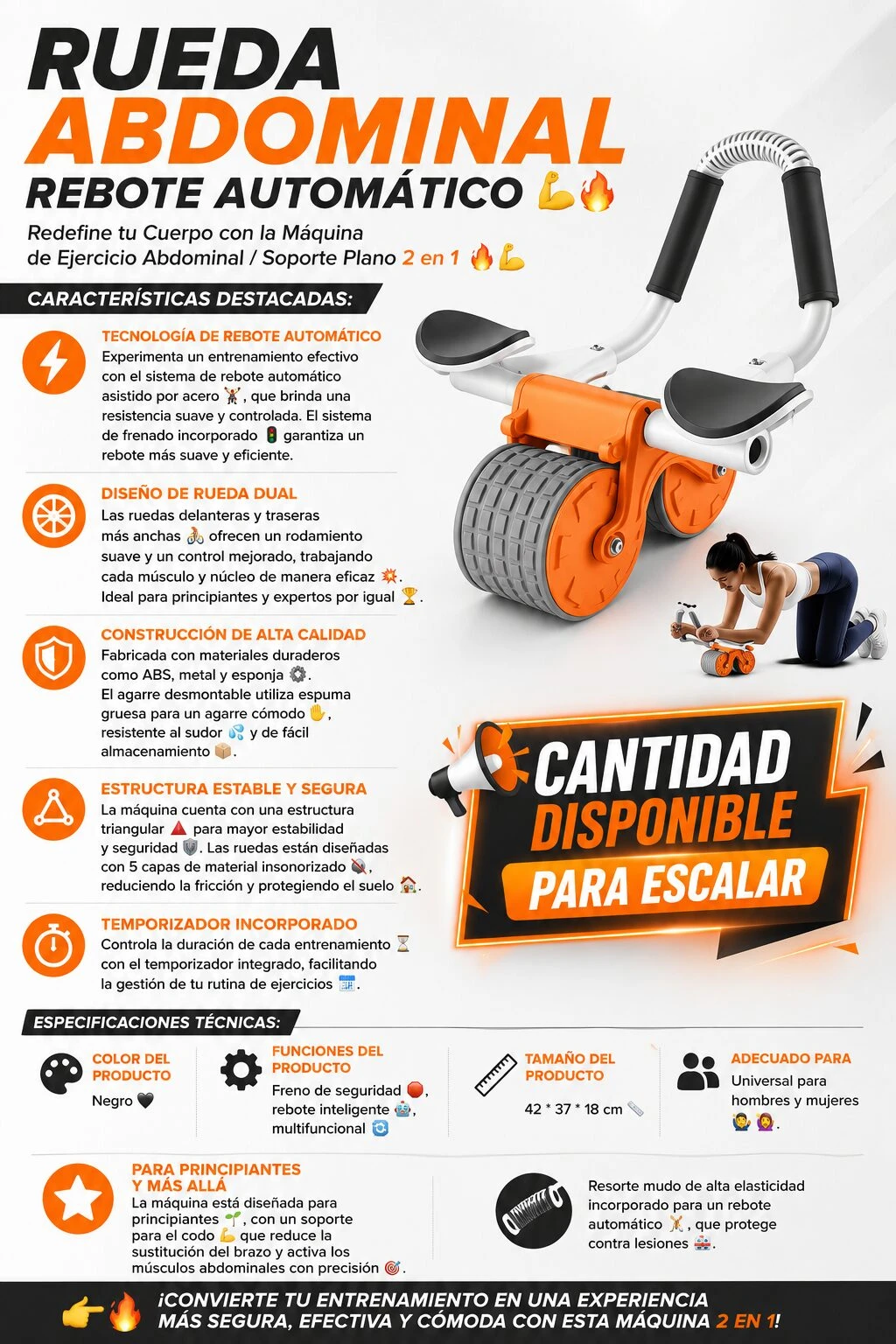 Rueda Abdominal con Rebote Automático - Tonifica el abdomen y cuida los codos
