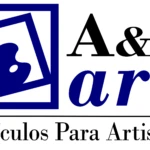 Logotipo de A&T Art con paleta de colores en azul dentro de marco inclinado, acompañado del texto Artículos Para Artistas.
