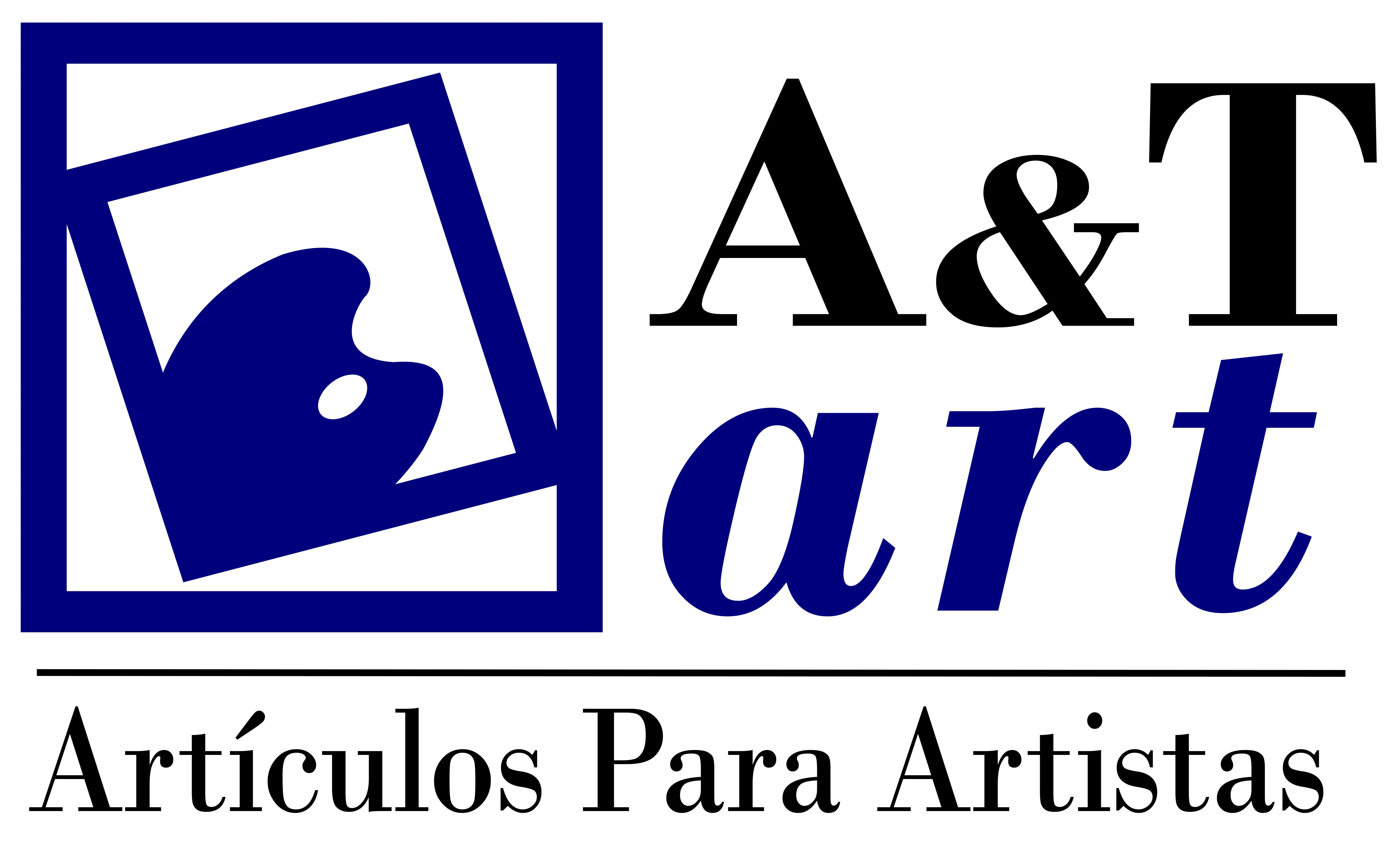 Logotipo de A&T Art con paleta de colores en azul dentro de marco inclinado, acompañado del texto Artículos Para Artistas.