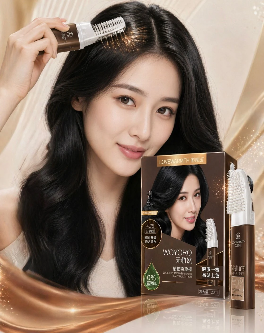 Cepillo para tinte con cerdas suaves, en uso sobre cabello oscuro, junto a su empaque y tubo de producto.
