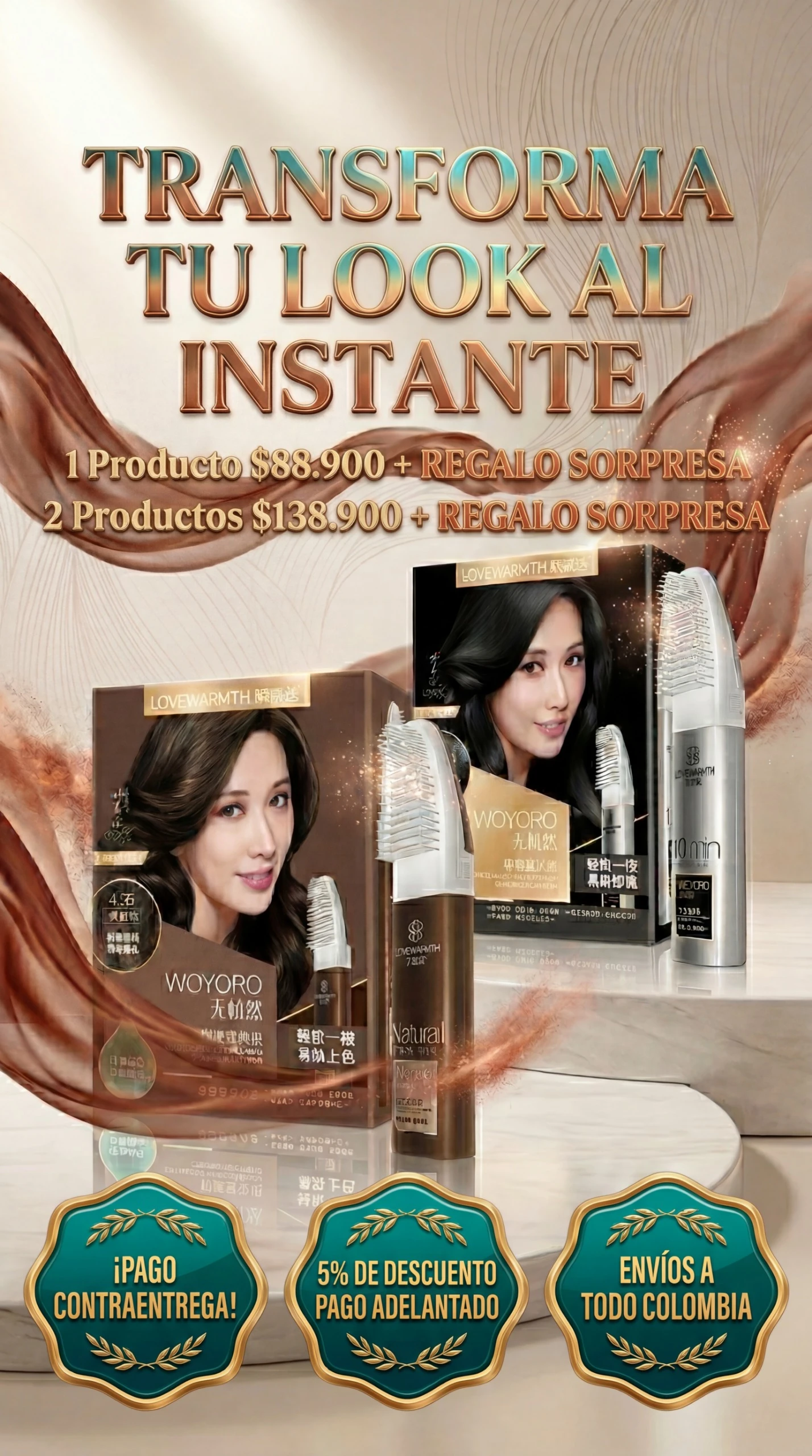 Cepillo para tinte con cerdas suaves, empaque promocional que incluye dos unidades y accesorios, con modelo de cabello oscuro y detalles en dorado y blanco.