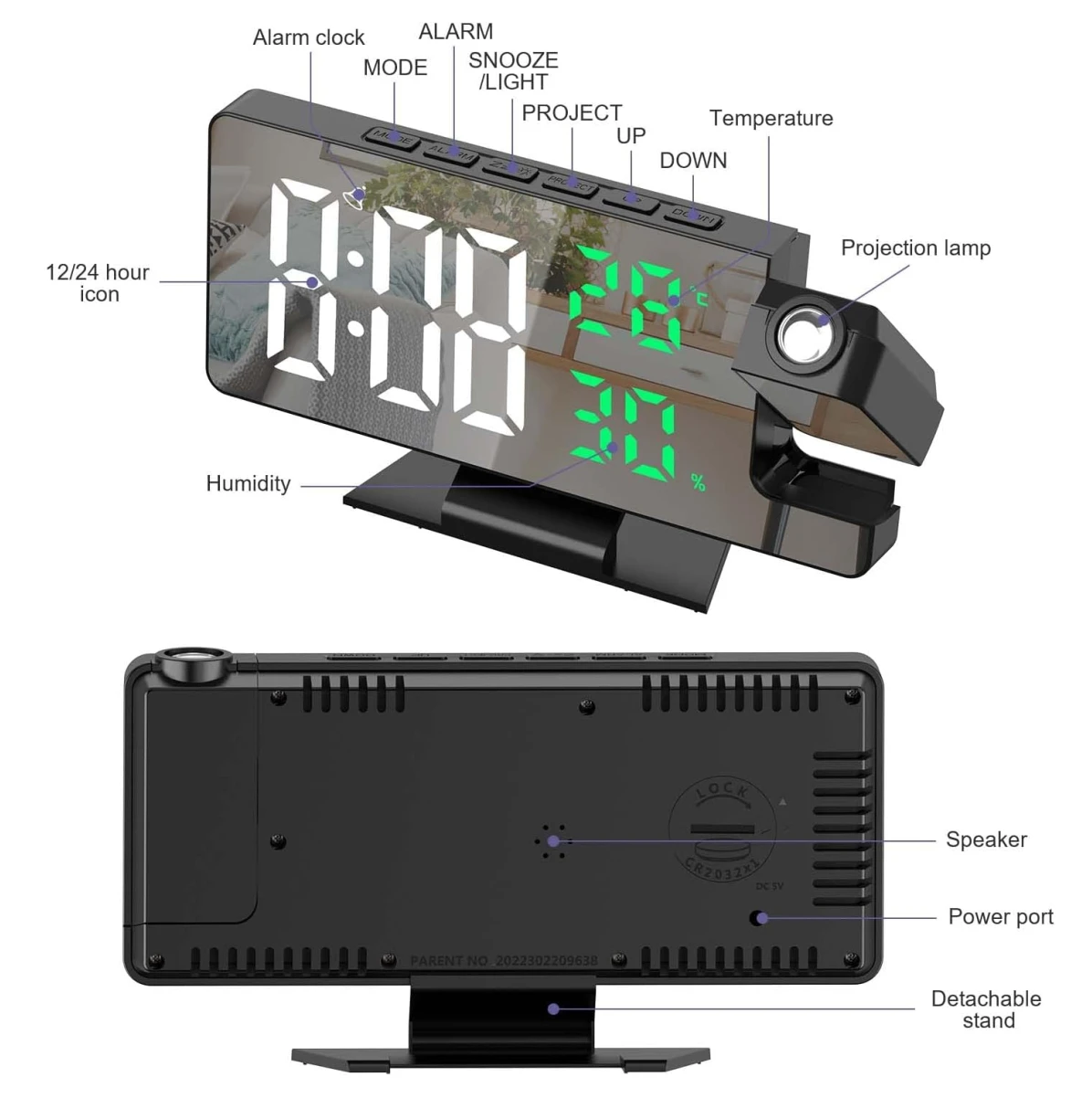 Reloj despertador LED con proyector, pantalla digital de 8 dígitos, termómetro y higrómetro, base desmontable y botón de proyección lateral.