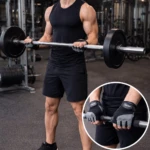 Hombre con guantes deportivos negros Ref 3112 levantando barra en gimnasio, detalle de agarre y protección en muñecas.