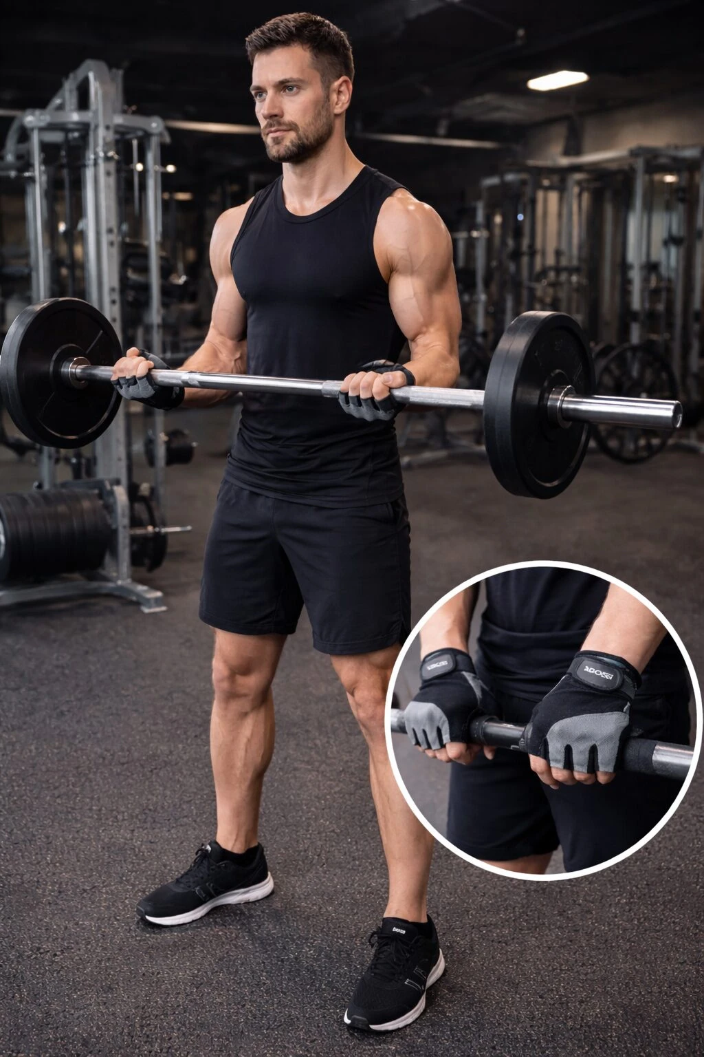 Hombre con guantes deportivos negros Ref 3112 levantando barra en gimnasio, detalle de agarre y protección en muñecas.