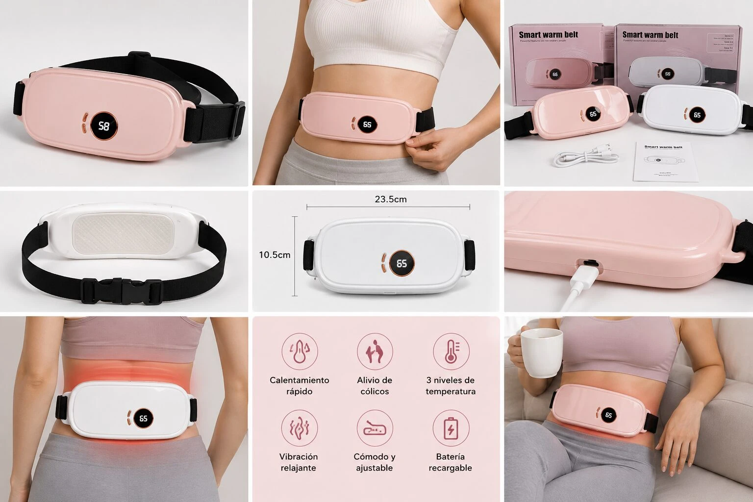 Cinturón Térmico Recargable con 3 Temperaturas y Vibración - Alivia cólicos y tensión abdominal en minutos