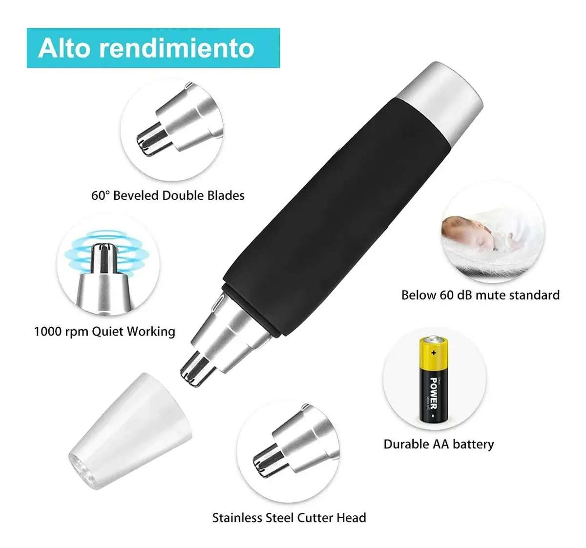 Cortador nasal eléctrico con mango negro y cabezal de acero inoxidable, incluye accesorios y batería AA.