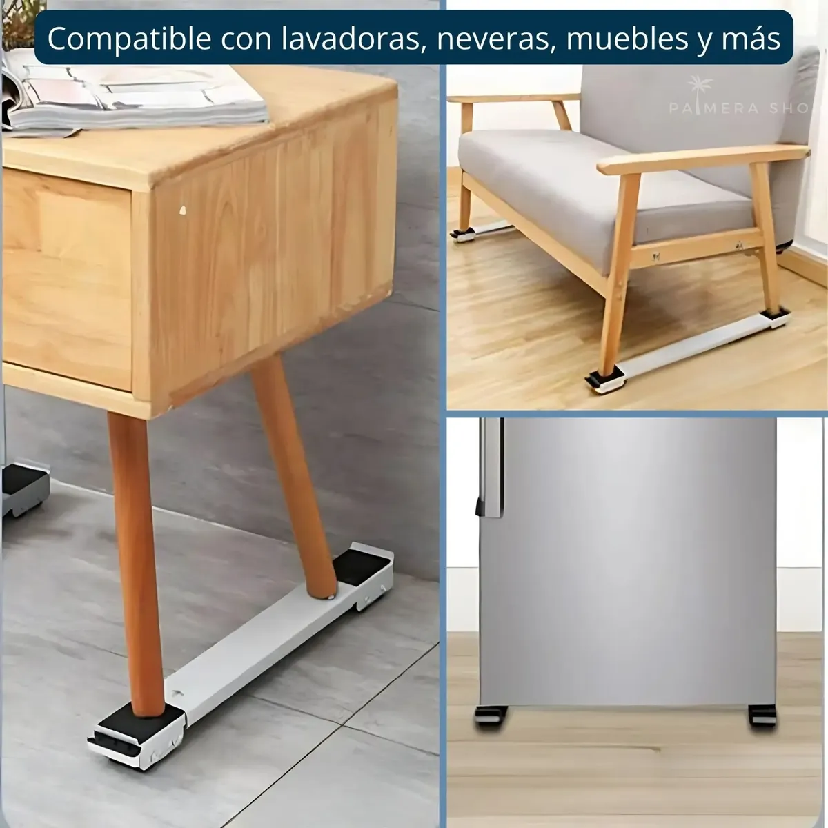 Gato de muebles con ruedas en color blanco, instalado bajo mesa de madera y sofá, facilitando movimiento sobre pisos lisos. Compatible con lavadoras, neveras y muebles.