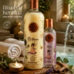 Kit de Keratina Evolución 1L sin formol de Origen Botánico, con botella grande de 1 litro y frasco pequeño, ambos con tapas doradas y etiquetas ilustradas, sobre bandeja de madera junto a toalla enrollada, crema en cuenco y plantas decorativas.