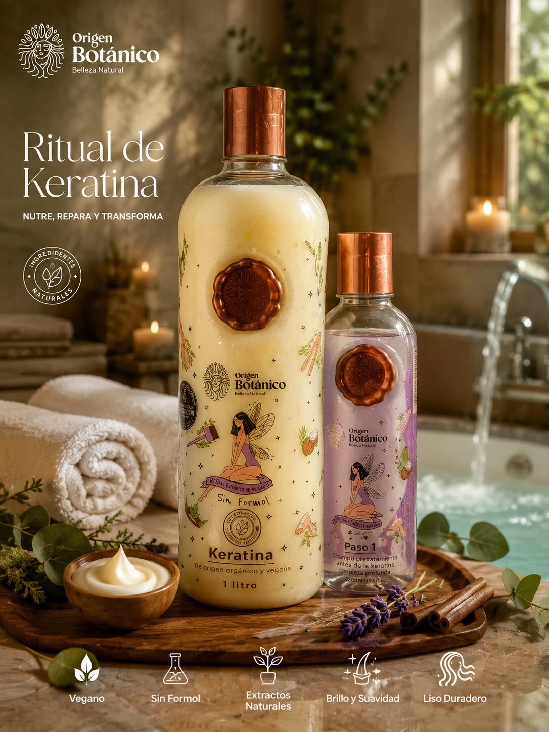 Kit de Keratina Evolución 1L sin formol de Origen Botánico, con botella grande de 1 litro y frasco pequeño, ambos con tapas doradas y etiquetas ilustradas, sobre bandeja de madera junto a toalla enrollada, crema en cuenco y plantas decorativas.