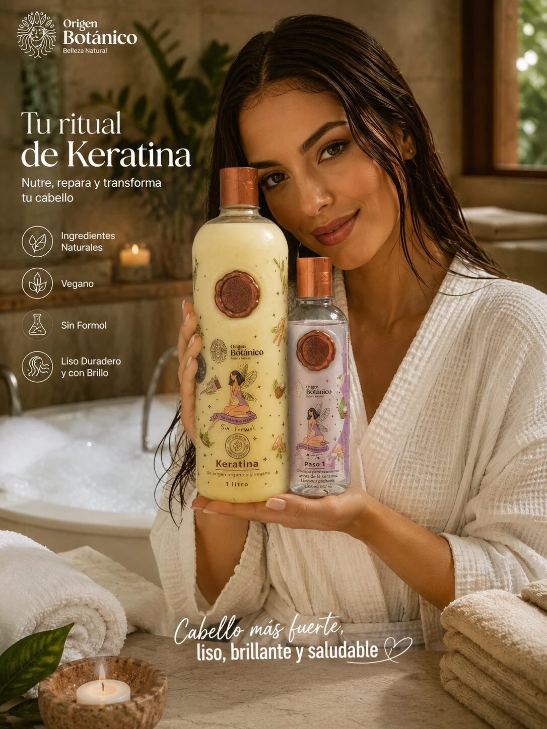 Mujer con bata blanca sosteniendo botella grande de champú Keratina y frasco pequeño de tratamiento, ambos con etiquetas ilustradas y tapas doradas, en baño con toallas y velas.