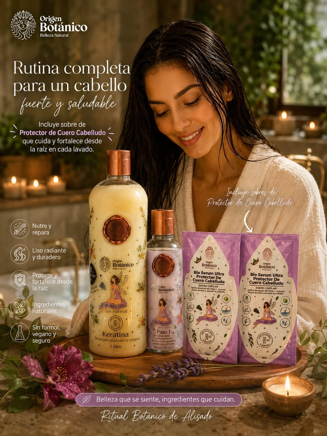 Mujer sonriendo con kit de keratina sin formol de 1L, incluye protector de cuero cabelludo y dos sobres, sobre mesa con velas y flores.