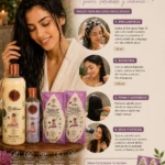 Kit de Keratina Evolución 1L sin formol: mujer con cabello húmedo aplicando tratamiento, junto a botella de 1L, frasco de 30ml y dos envases de 120ml, todos con diseño floral y tonos crema y morado.