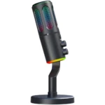 Micrófono condensador USB Mic-11 negro con luces RGB multicolor, base circular y controles laterales visibles.