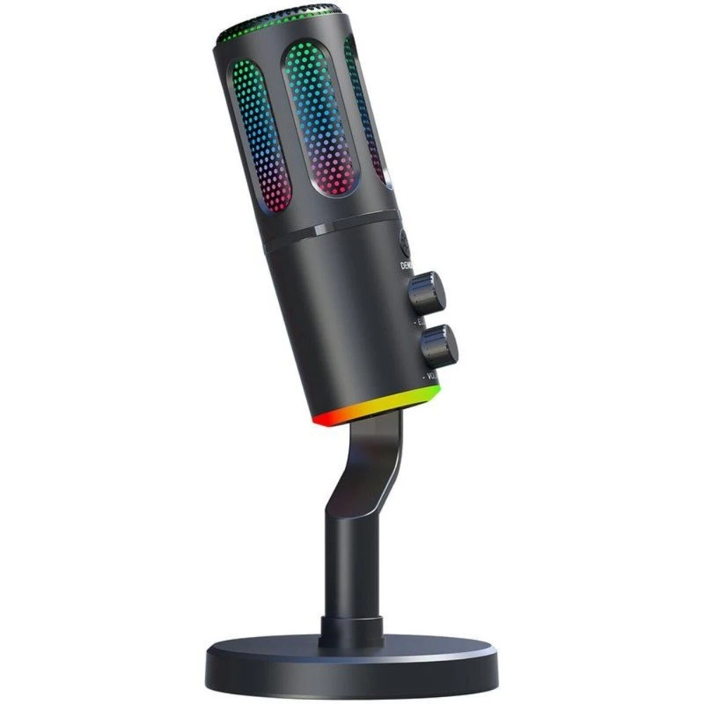 Micrófono condensador USB Mic-11 negro con luces RGB multicolor, base circular y controles laterales visibles.