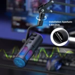 Micrófono condensador USB Mic-11 negro con luces RGB, montado en brazo articulado; muestra apertura de instalación de 0.8 pulgadas (2 cm) y ondas sonoras multicolores.