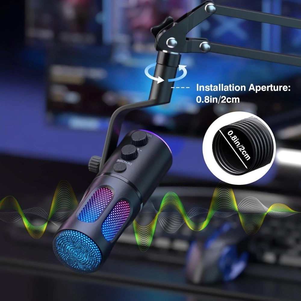Micrófono condensador USB Mic-11 negro con luces RGB, montado en brazo articulado; muestra apertura de instalación de 0.8 pulgadas (2 cm) y ondas sonoras multicolores.