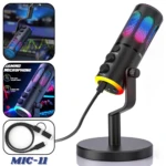 Micrófono USB Mic-11 negro con luces RGB multicolor, base circular y cable incluido; ideal para streaming y clases virtuales.