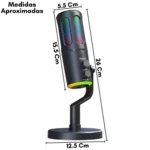 Micrófono condensador USB Mic-11 negro con luces RGB, base circular y medidas aproximadas de 26 cm de altura, 15.5 cm de diámetro y 5.5 cm de ancho.