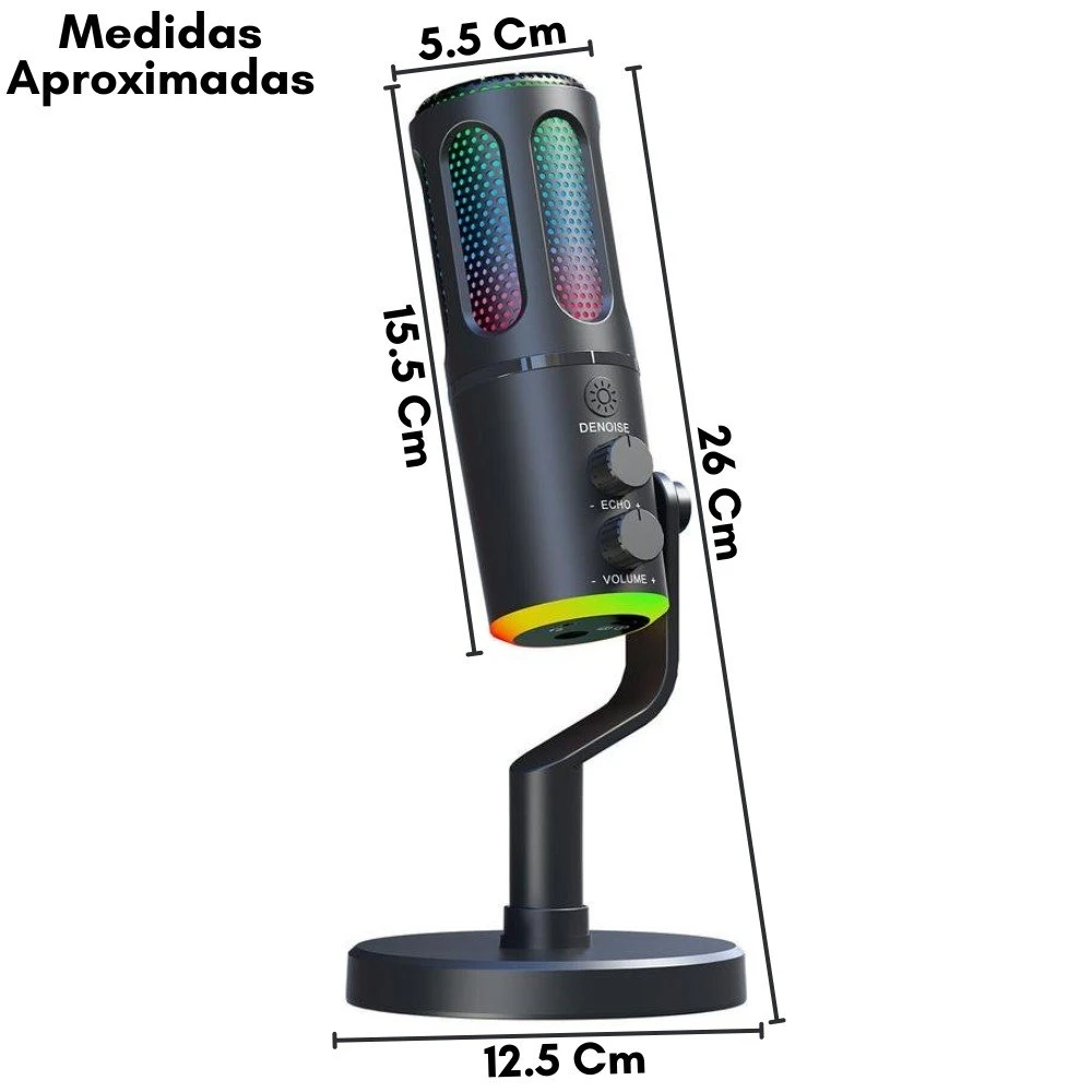 Micrófono condensador USB Mic-11 negro con luces RGB, base circular y medidas aproximadas de 26 cm de altura, 15.5 cm de diámetro y 5.5 cm de ancho.