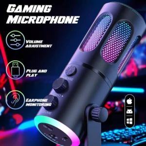 Micrófono USB negro con luces RGB, controles de volumen y cancelación de ruido, ideal para streaming y clases virtuales.