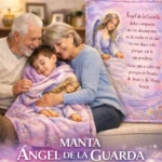 Manta transpirable de colores pastel con diseño de ángel, usada por una familia en ambiente hogareño; ideal para recién nacidos.