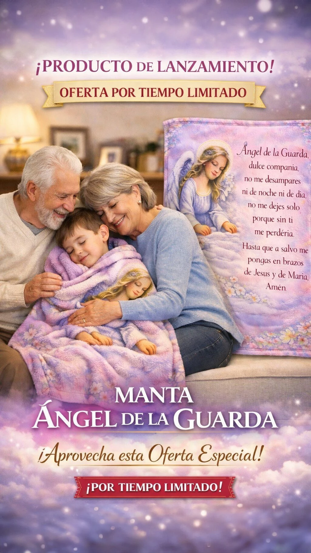 Manta transpirable de colores pastel con diseño de ángel, usada por una familia en ambiente hogareño; ideal para recién nacidos.