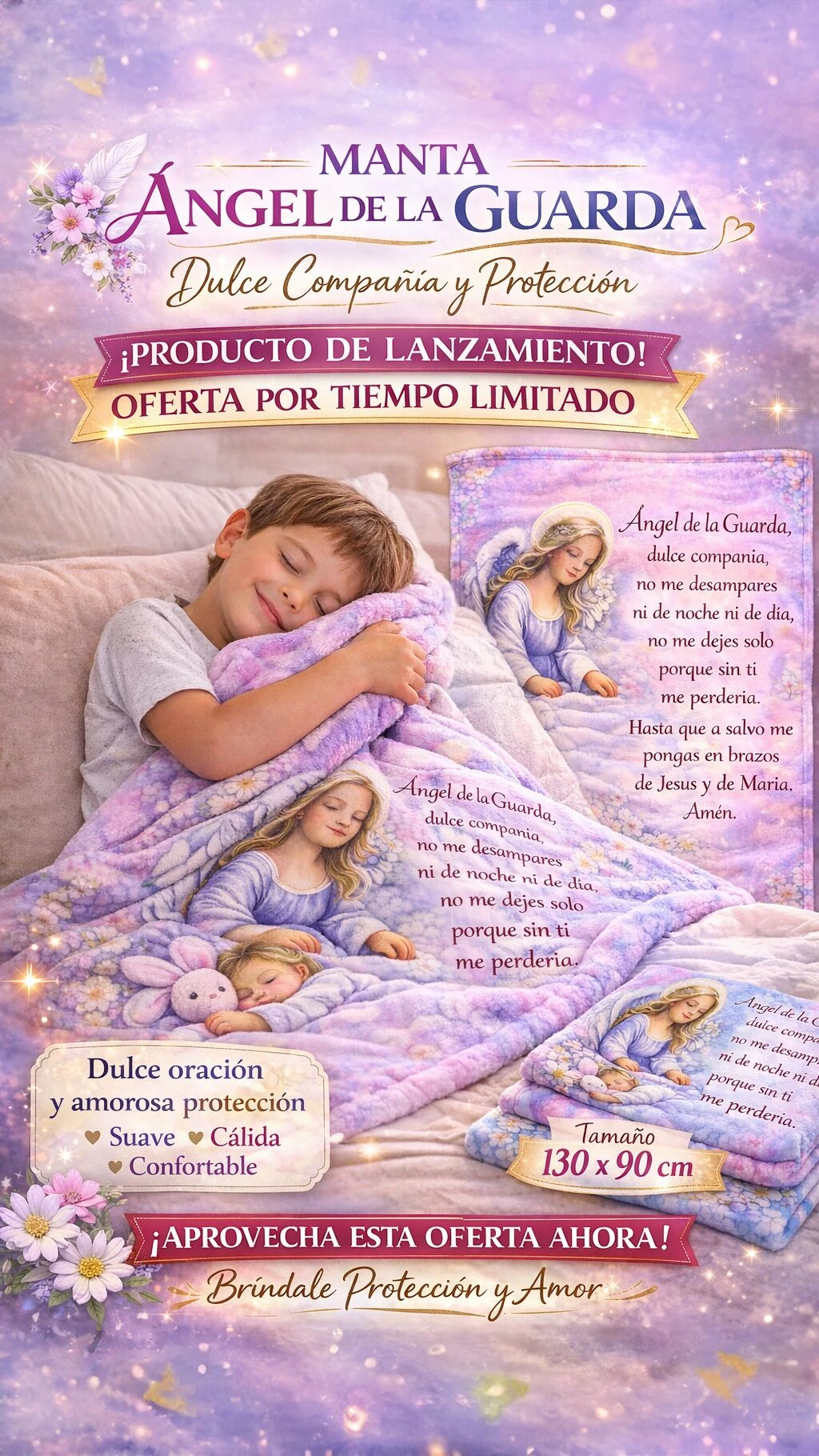 Manta transpirable para recién nacidos con estampado de ángel, en tonos lavanda y blanco, mostrando uso en cama infantil con medidas 130 x 90 cm.