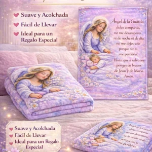 Manta de bebé con diseño de ángel, tonos lavanda y blanco, textura suave y acolchada, ideal para recién nacidos.