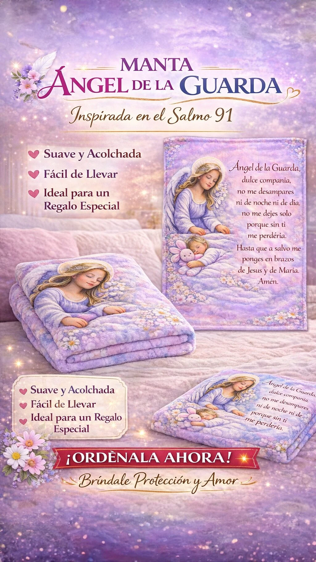 Manta de bebé con diseño de ángel, tonos lavanda y blanco, textura suave y acolchada, ideal para recién nacidos.