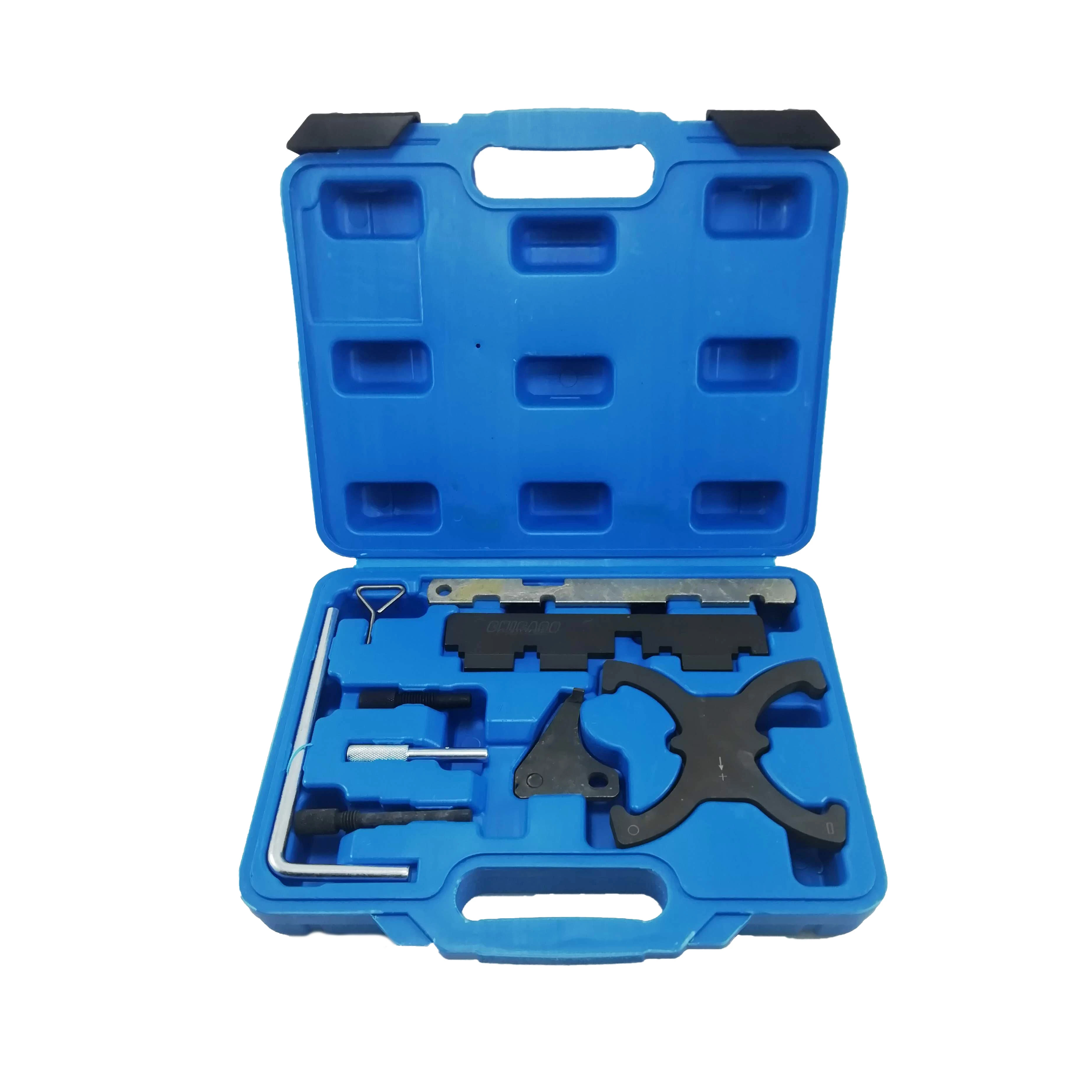 Kit de sincronización de 9 piezas para motores Ford Duratec 16V, en caja azul con herramientas organizadas en compartimentos individuales.