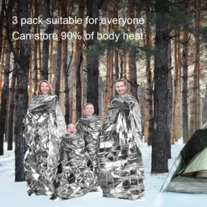 Cuatro personas envueltas en mantas térmicas plateadas de supervivencia, con textura reflectante, en bosque nevado junto a tienda de campaña.