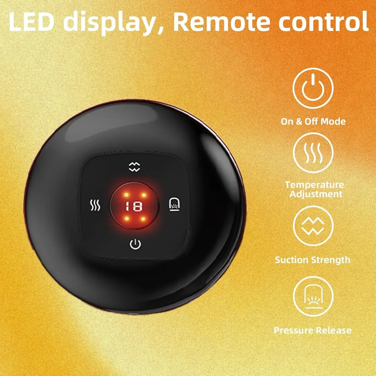 Masajeador ventosa eléctrico negro con pantalla LED roja mostrando temperatura 18°C y controles táctiles para calor, vibración y succión.