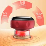 Masajeador ventosa eléctrico rojo con base transparente y luz roja, mostrando niveles de intensidad 1-12 para terapia muscular y alivio de contracturas.