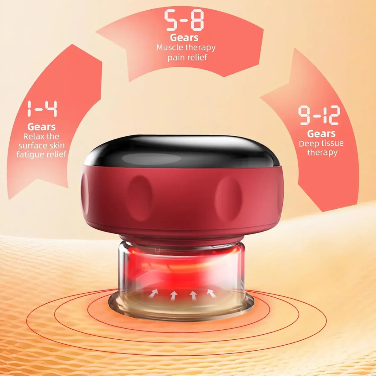 Masajeador ventosa eléctrico rojo con base transparente y luz roja, mostrando niveles de intensidad 1-12 para terapia muscular y alivio de contracturas.