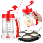 Dispensador de masa con mango rojo y medidor graduado, vierte porciones iguales en molde de cupcakes.